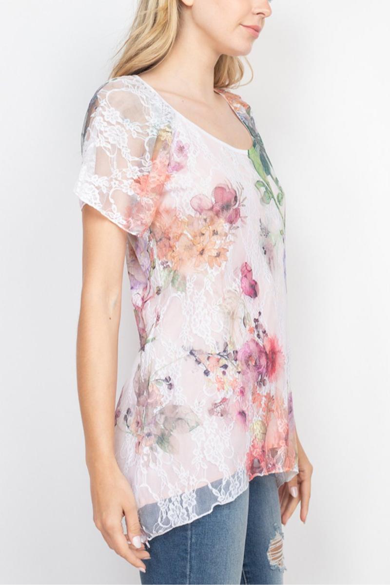Floral lace overlay shark bite hem short sleeve Product Image