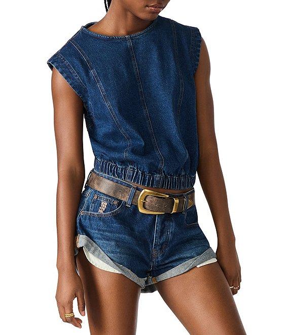 Steve Madden Leila Scoop Neck Cap Sleeve Elastic Hem Denim Crop Top Product Image