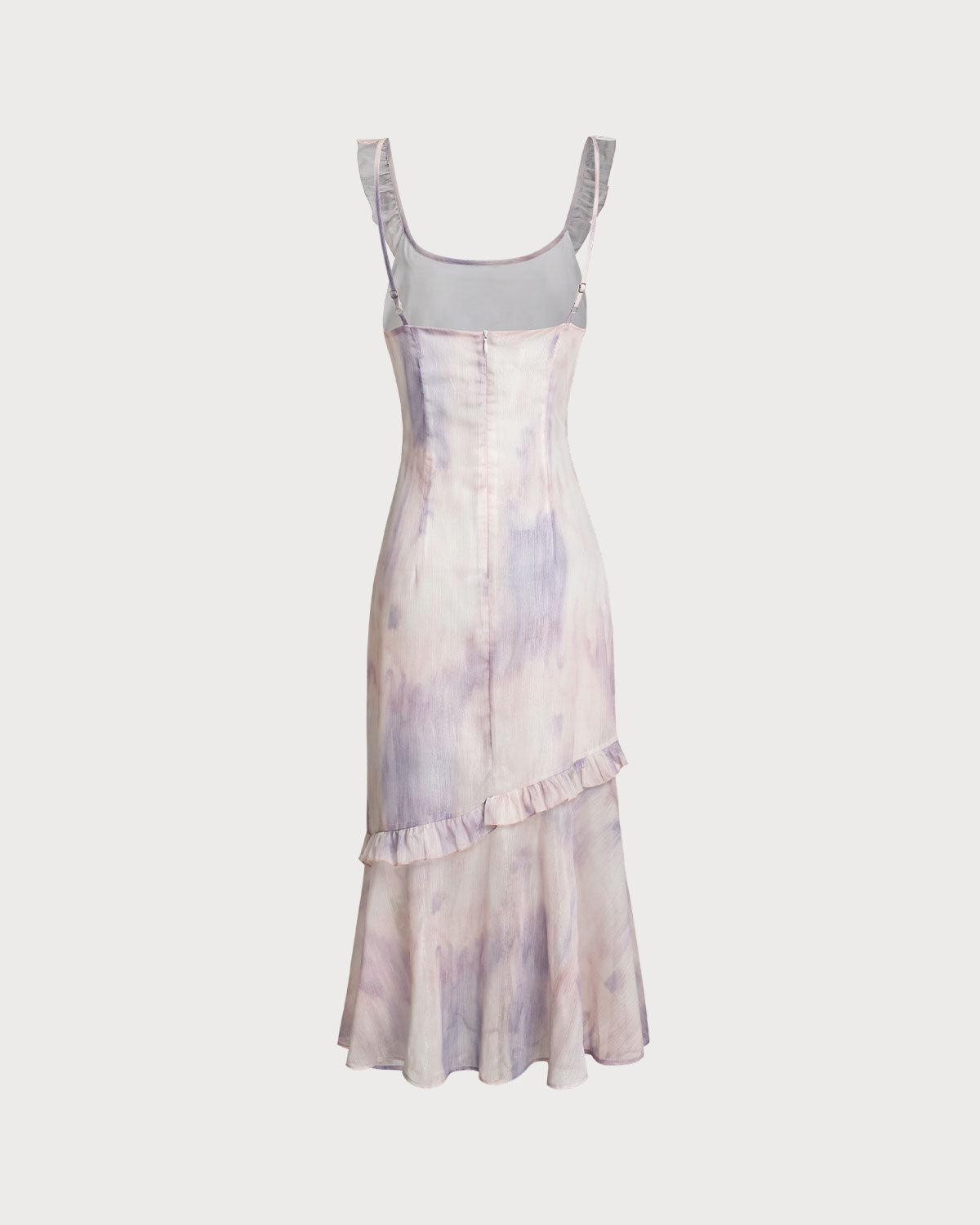 Purple Floral U Neck Ruffle Midi Dress Product Image