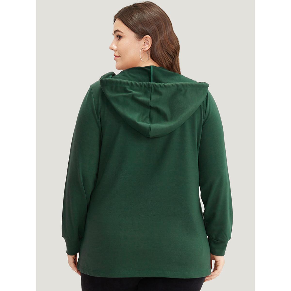 Plus Size Hooded Button Detail Plicated Detail Sweatshirt Women DarkGreen Casual Plain Hooded Everyday Sweatshirts BloomChic 14-16/1X Product Image