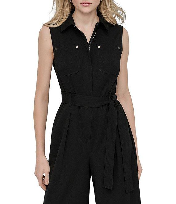 DKNY by Donna Karan Solid Scuba Crepe Collar Neck Sleeveless Cargo Jumpsuit Product Image
