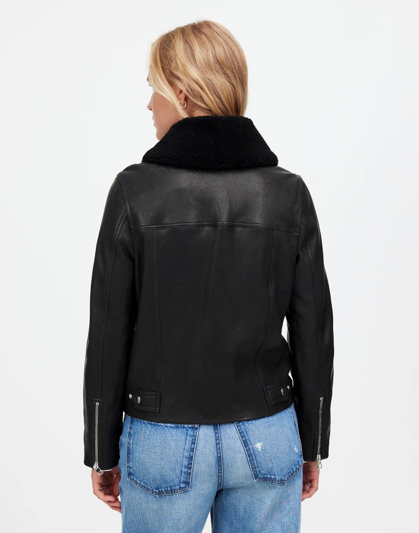 Sherpa-Collar Asymmetric Zip-Front Jacket in Leather Product Image