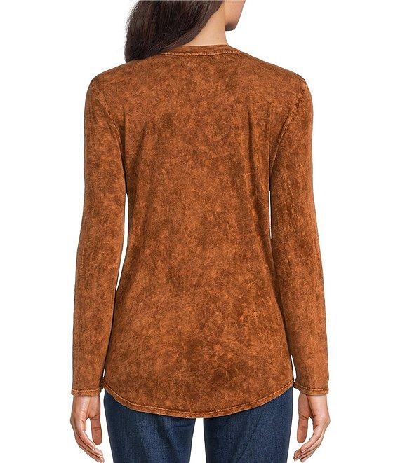 Reba Sadie Mix Media Henley Neck Long Sleeve Mineral Wash Shirt Product Image