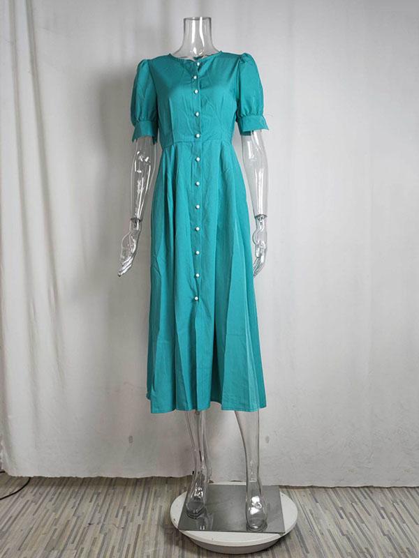 High Waisted Loose Buttoned Round-Neck Midi Dresses Product Image