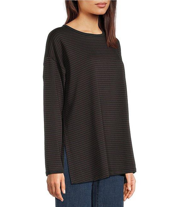 Eileen Fisher Cozy Striped Brushed Terry Organic Cotton Blend Knit Round Neck Long Sleeve Box Top Product Image