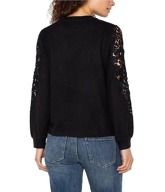 Liverpool Los Angeles Petite Size Crew Neck Long Soft Lace Inset Sleeve Top Product Image