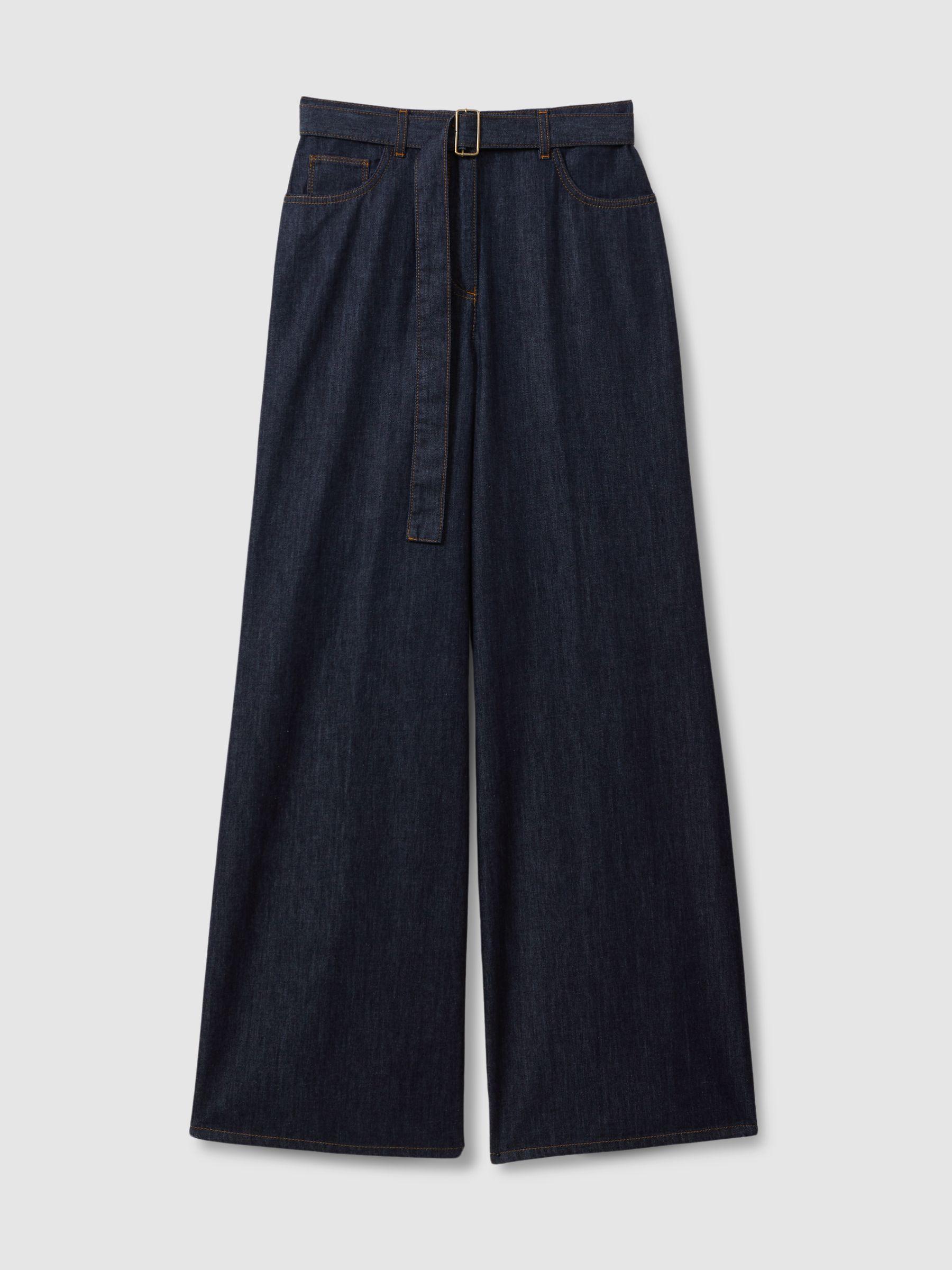 Belted Wide Leg Jeans in Dark Blue Product Image