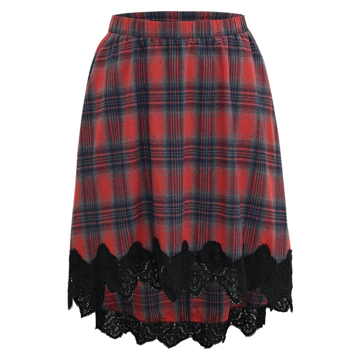 Plus Size Plaid Lace Panel Pocket High Low Hem Skirt Women Scarlet Elegant Patchwork No stretch Pocket Festival-Christmas Skirts BloomChic 12/L Product Image