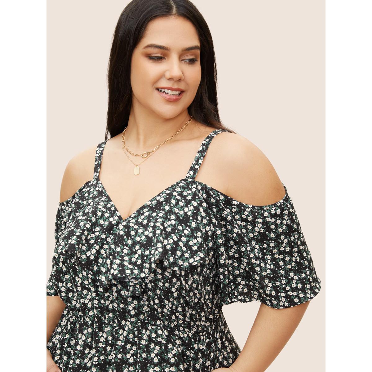 Plus Size Ditsy Floral Pocket Wrap Cold Shoulder Ruffle Dress Black Women Elegant Non Overlap Collar Short sleeve Curvy Midi Dress BloomChic 12/L Product Image