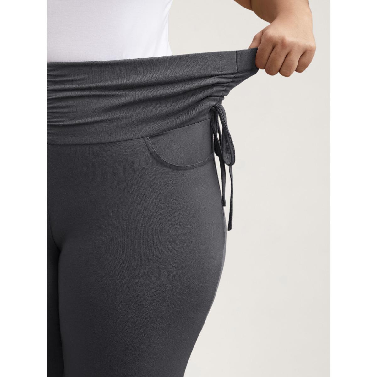 Plus Size Ruched Drawstring Midi-Waist Tight Pants Women DimGray Elegant High stretch Bootcut Mid Rise Everyday Leggings BloomChic 26/4X Product Image