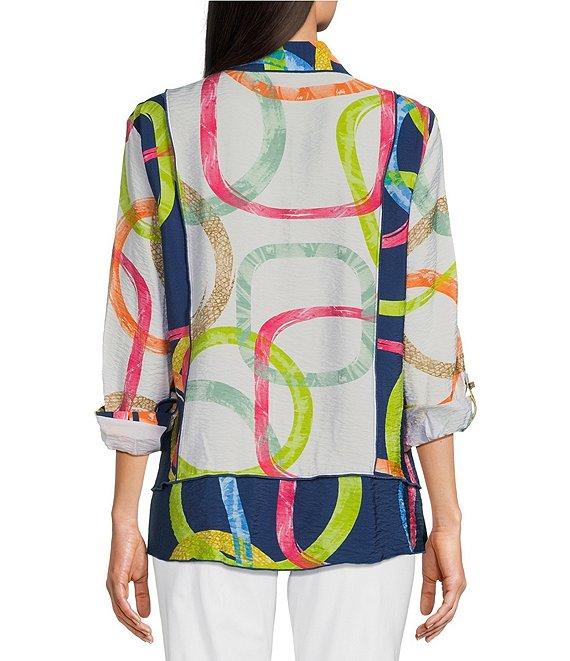 Ali Miles Printed Point Collar 3/4 Roll Tab Sleeve Button Front Tunic Product Image