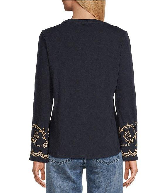 Reba Jersey Knit Floral Embroidery Crew Neck Long Bell Opening Sleeve T-Shirt Product Image