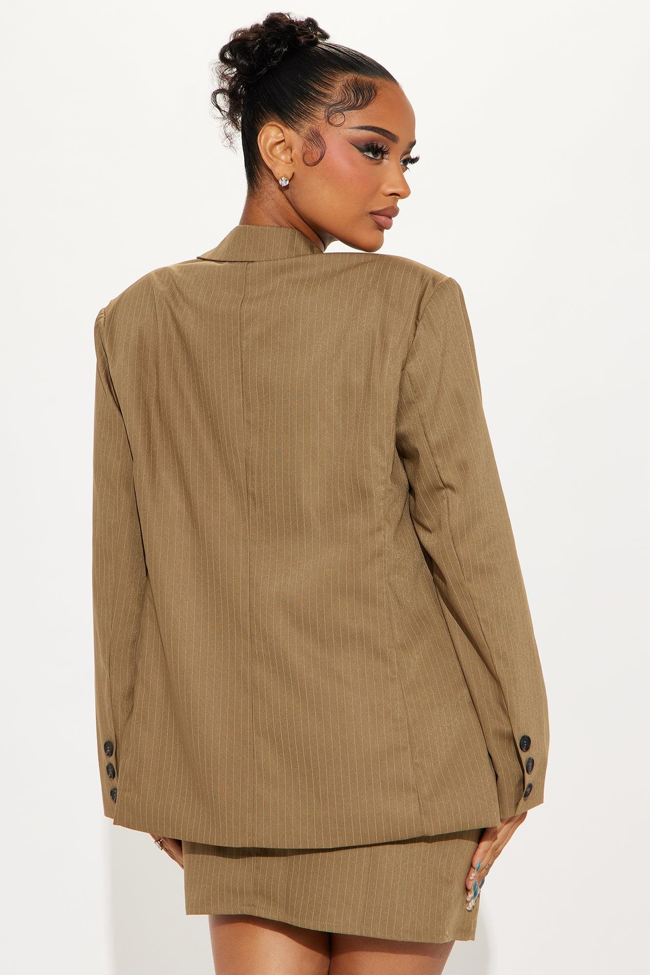 First Class Pinstripe Blazer and Mini Dress Set - Taupe Product Image