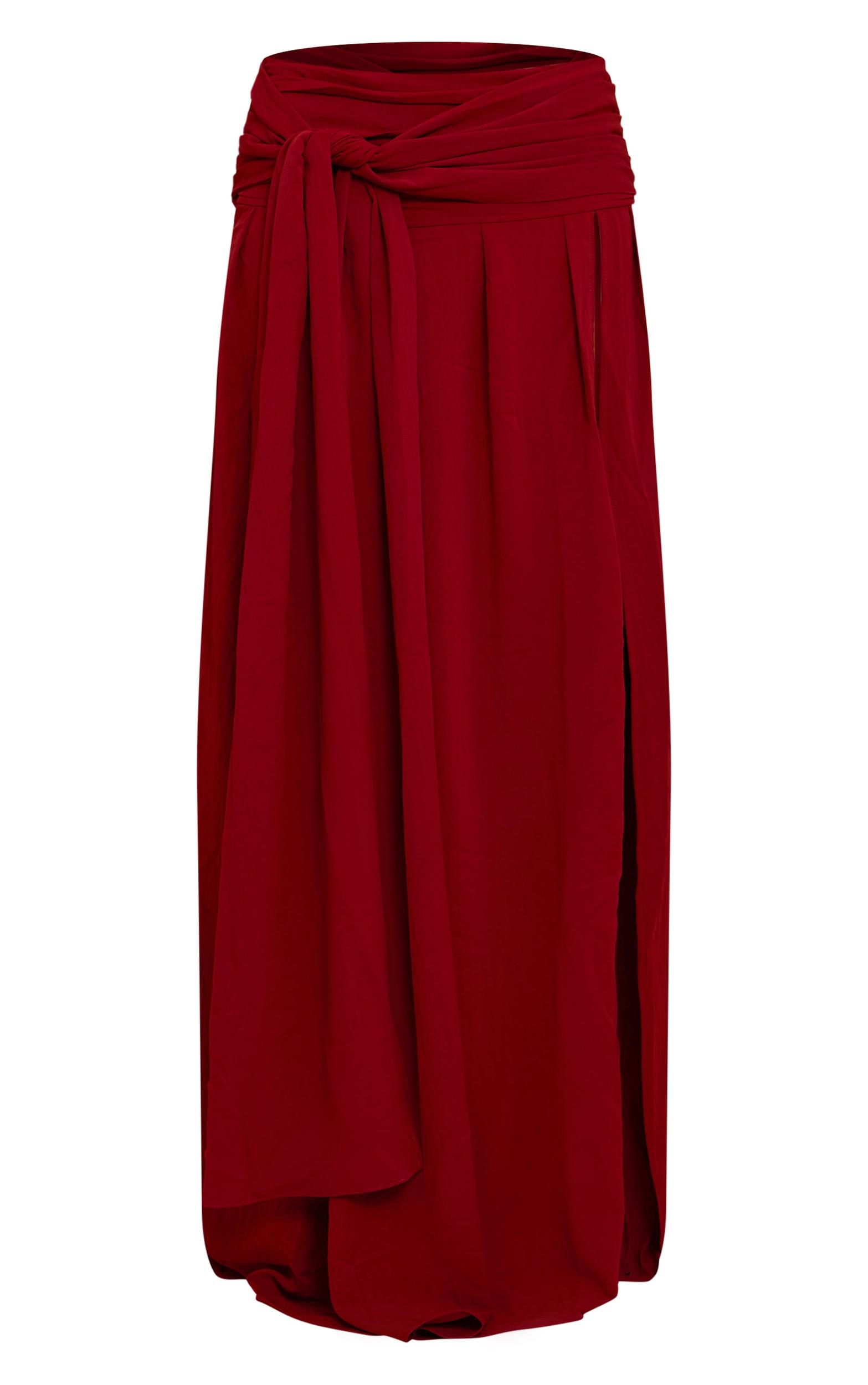 Deep Red Floaty Woven Knot Front Maxi Skirt Product Image