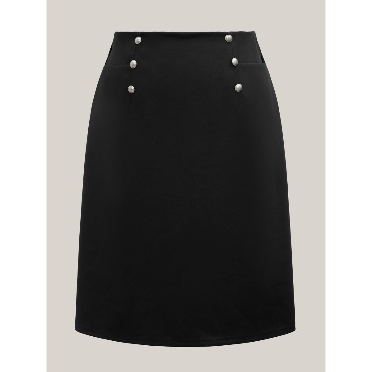 Plus Size Buckle Side Buttons Flared Midi Skirt Women Black At the Office Button Medium stretch Slanted pocket Work Skirts BloomChic 10/M Product Image