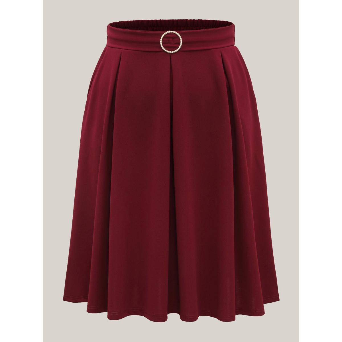Plus Size Buckle Detail Pleated Midi Skirt Women Burgundy Formal Belted Low stretch Slanted pocket Belt Party Skirts BloomChic 12/L Product Image