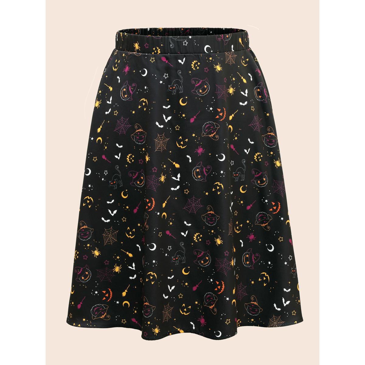 Plus Size Pumpkin Dance Printed Knee-Length Skirt Women Black Cocktail Non No stretch Slanted pocket Party Skirts BloomChic 22-24/3X Product Image