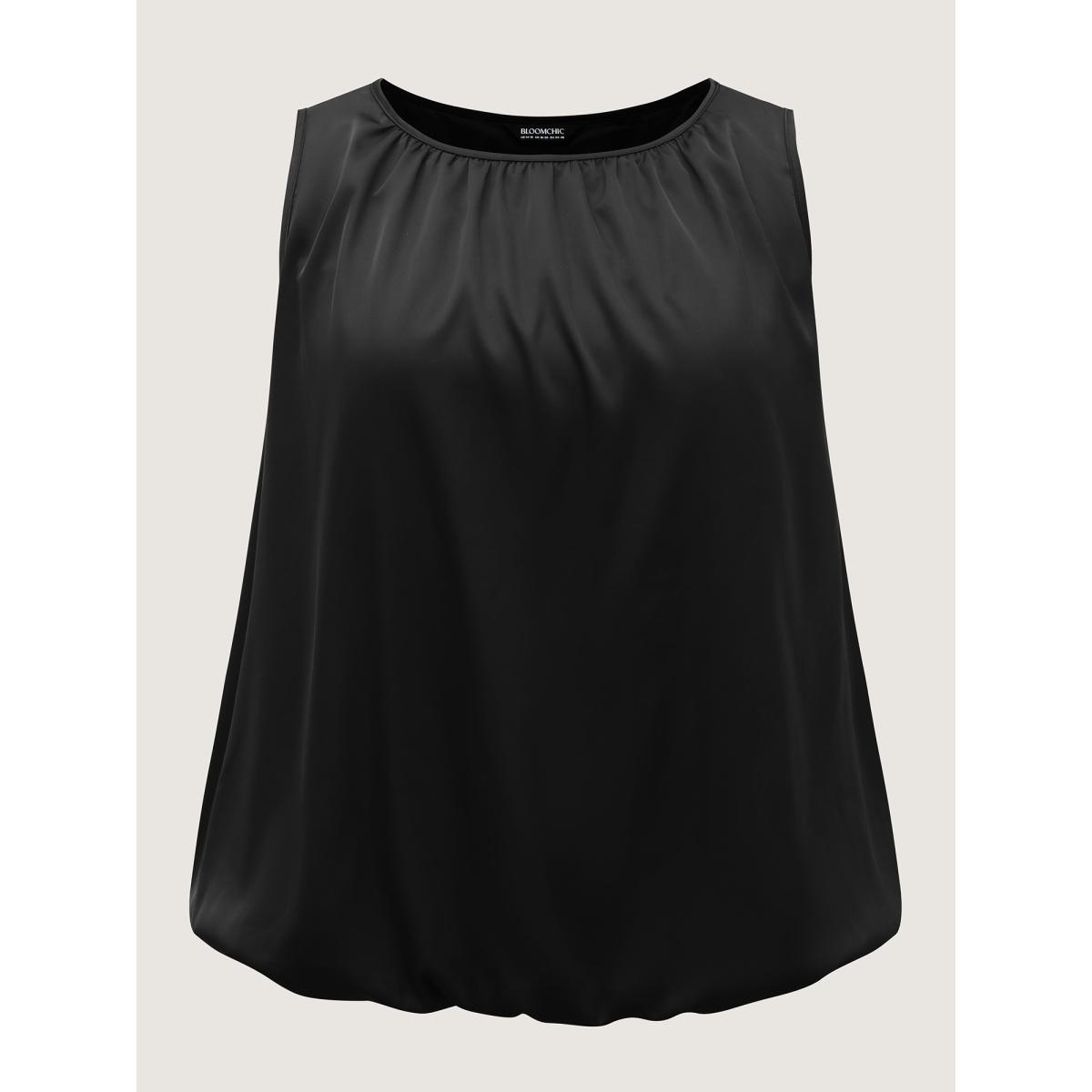 Plus Size Shimmery Pleated Relaxed Fit Top Women Black Gathered Boat Neck Elegant Tank Tops Camis BloomChic 22-24/3X Product Image