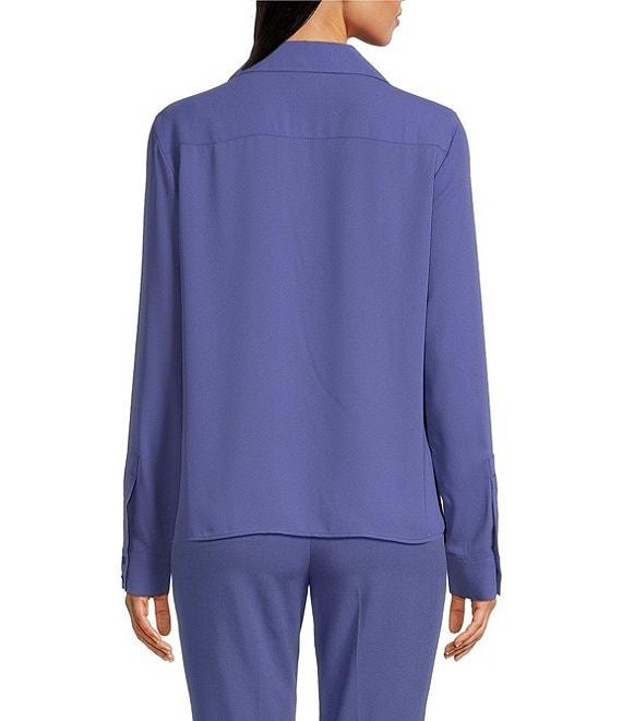 Calvin Klein Solid Georgette Point Collar Long Sleeve Ruffle Front Blouse Product Image