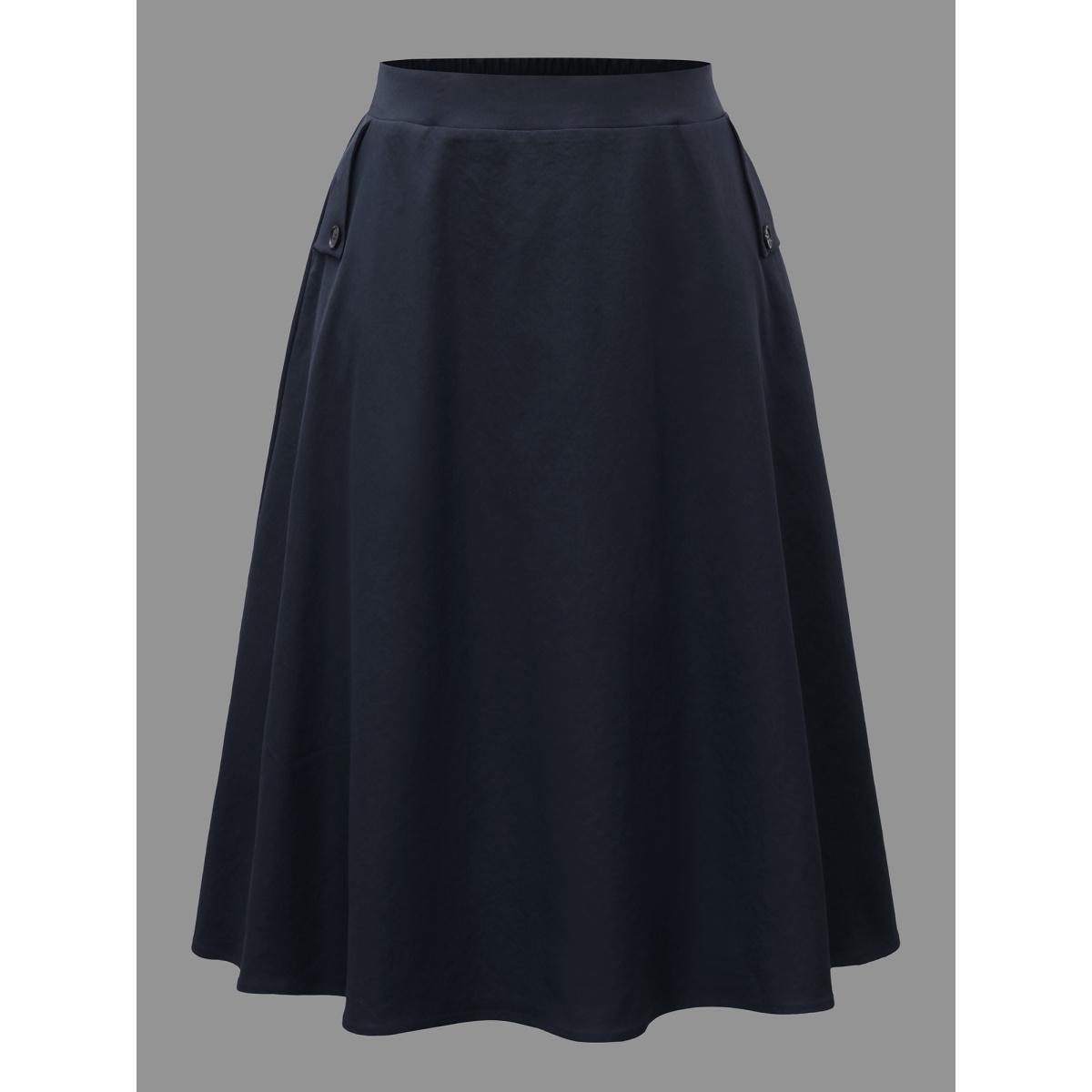 Plus Size Solid Buckle Detail Pocket Skirt Women Indigo Elegant Button Low stretch Slanted pocket Everyday Skirts BloomChic 12/L Product Image