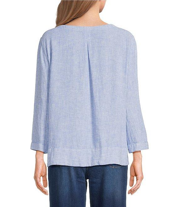 Ali Miles Woven Coordinating Yarn-Dye Stripe Round Neck 3/4 Cuffed Sleeve Button Front Placket Top Product Image