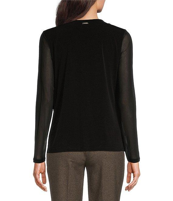 Calvin Klein Mesh Long Sleeve Crew Neck Faux-Wrap Top Product Image