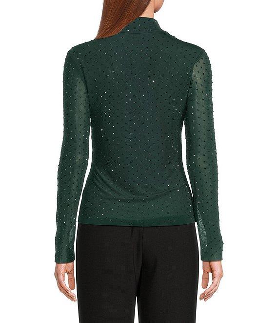 Skies Are Blue Hot Fix Mesh Rhinestone Turtleneck Long Sleeve Top Product Image