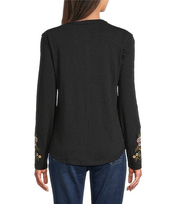 Reba Sedona Scoop Neck Long Sleeve Embroidered Henley Tee Product Image
