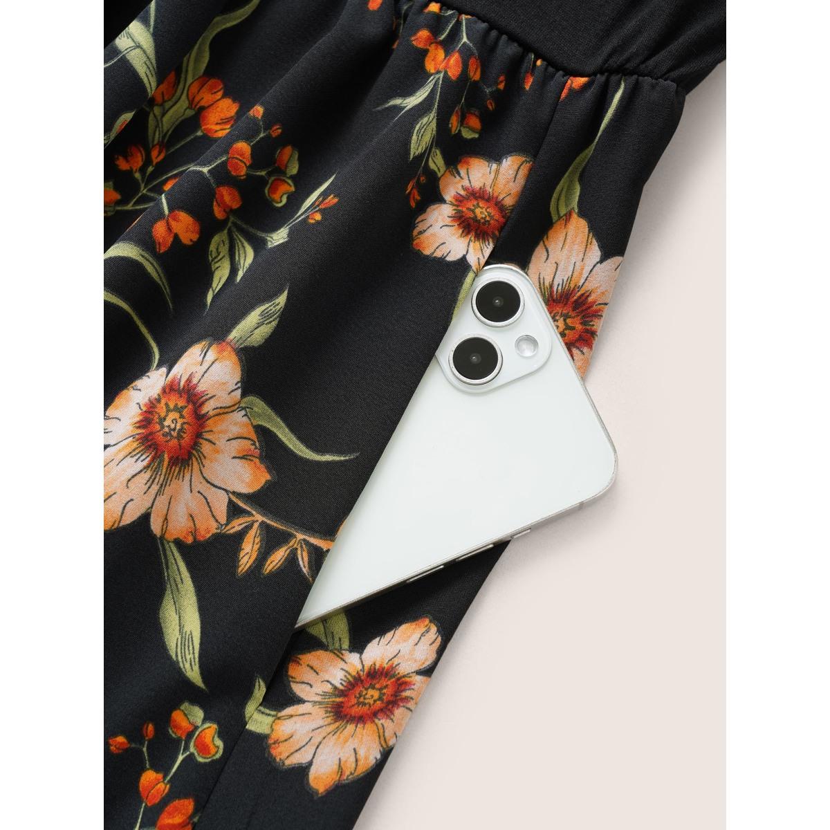 Plus Size Floral Patchwork Pocket Elastic Waist Sleeveless Dress Black Women Elegant Non Sleeveless Curvy Midi Dress BloomChic 22-24/3X Product Image