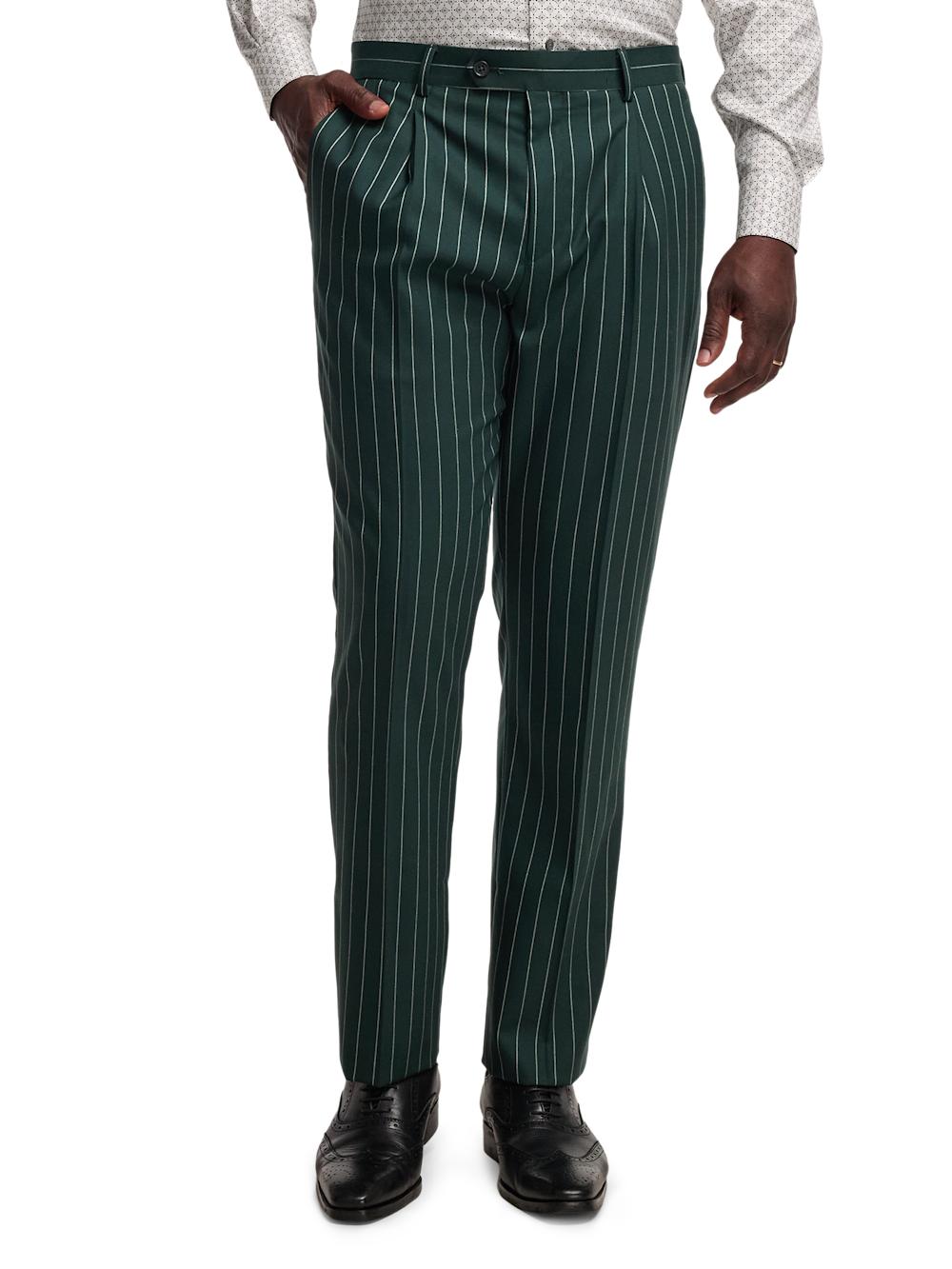 Wool Stretch Stripe Double Breasted Peak Lapel Suit Jacket - Dark Green Product Image