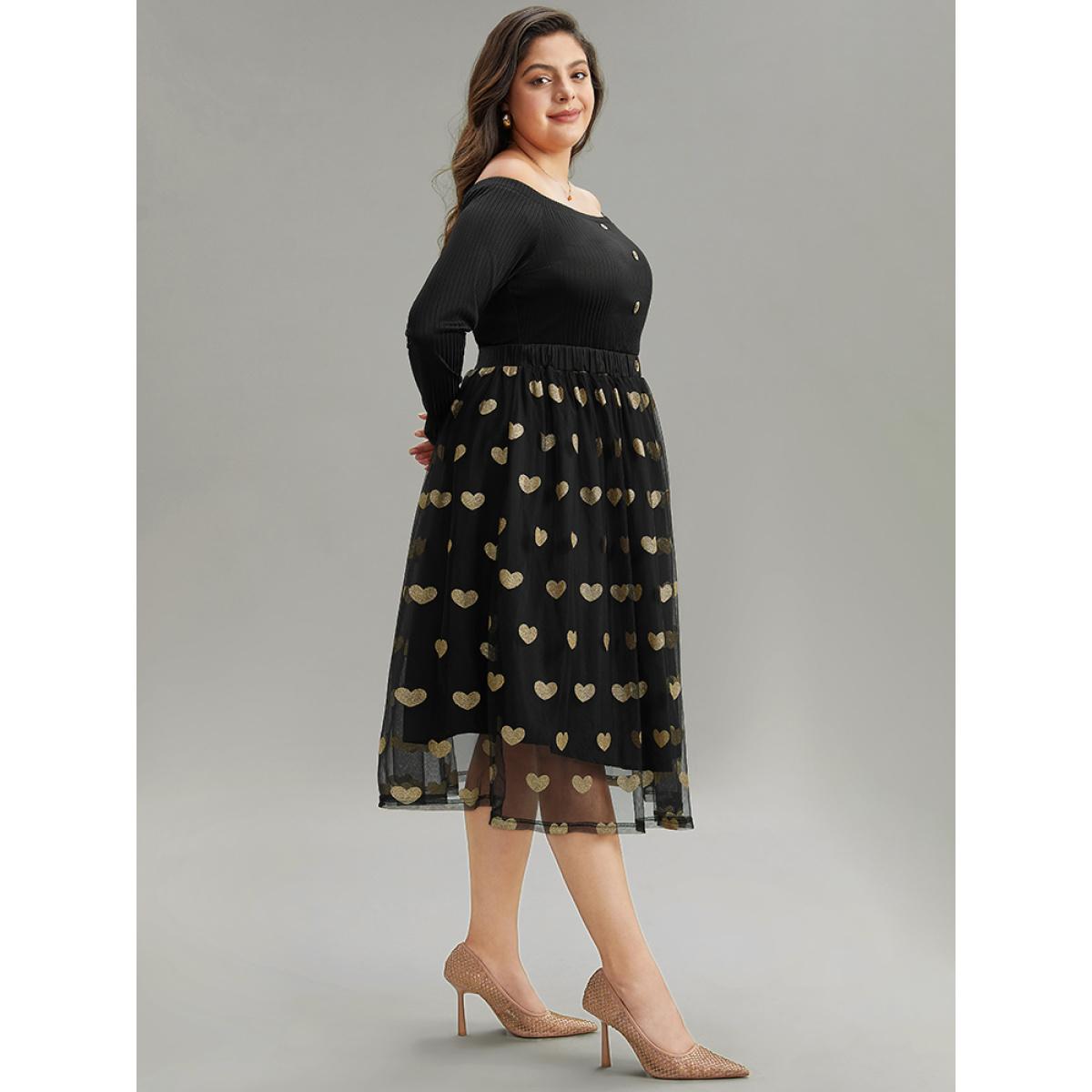 Plus Size Heart Print Rib Knit Button Detail Off Shoulder Dress Black Women Elegant Printed One-shoulder neck Long Sleeve Curvy Midi Dress BloomChic 22-24/3X Product Image