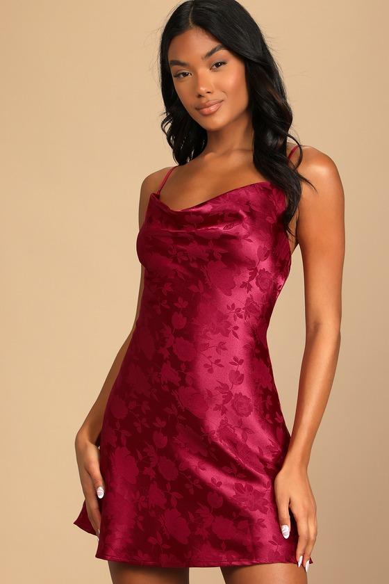 Close to Your Heart Wine Red Satin Jacquard Cowl Slip Dress Product Image