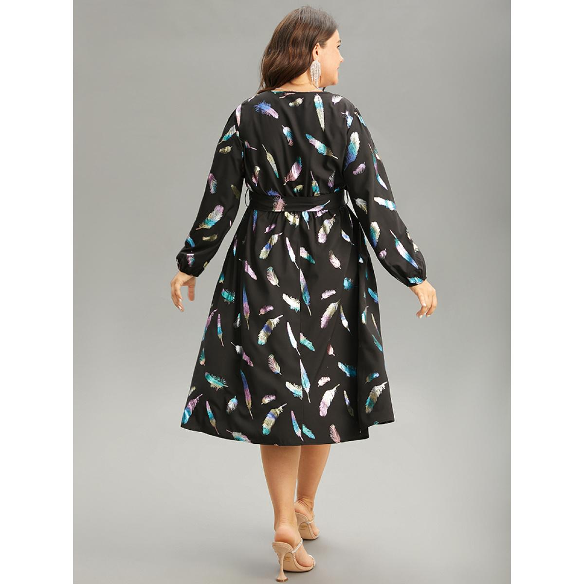 Plus Size Glitter Feather Print Pocket Elastic Waist Dress Black Women Glamour Elastic cuffs Round Neck Long Sleeve Curvy Midi Dress BloomChic 14-16/1X Product Image