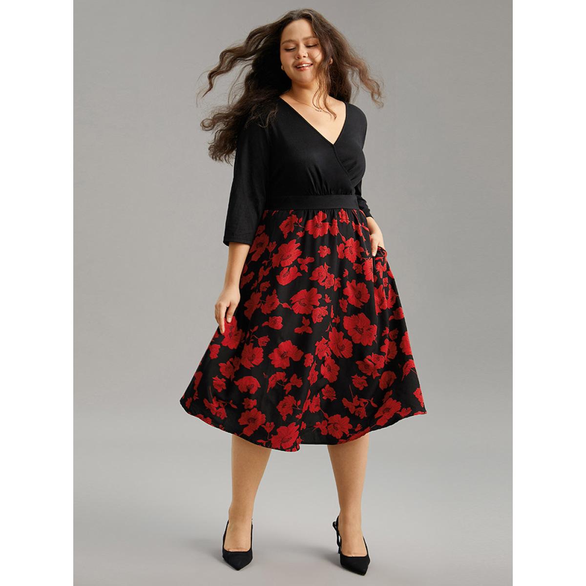 Plus Size Silhouette Floral Print Patchwork Surplice Neck Dress Black Women Elegant Wrap Overlap Collar Elbow-length sleeve Curvy Midi Dress BloomChic 26/4X Product Image