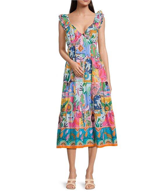 J.Marie Mara Floral V-Neck Ruffle Sleeve Midi A-Line Dress Product Image