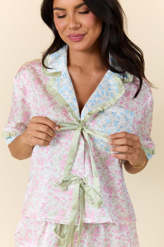 Dreamy Days Mixed Floral Short Sleeve Satin Pajama Top FINAL SALE Product Image