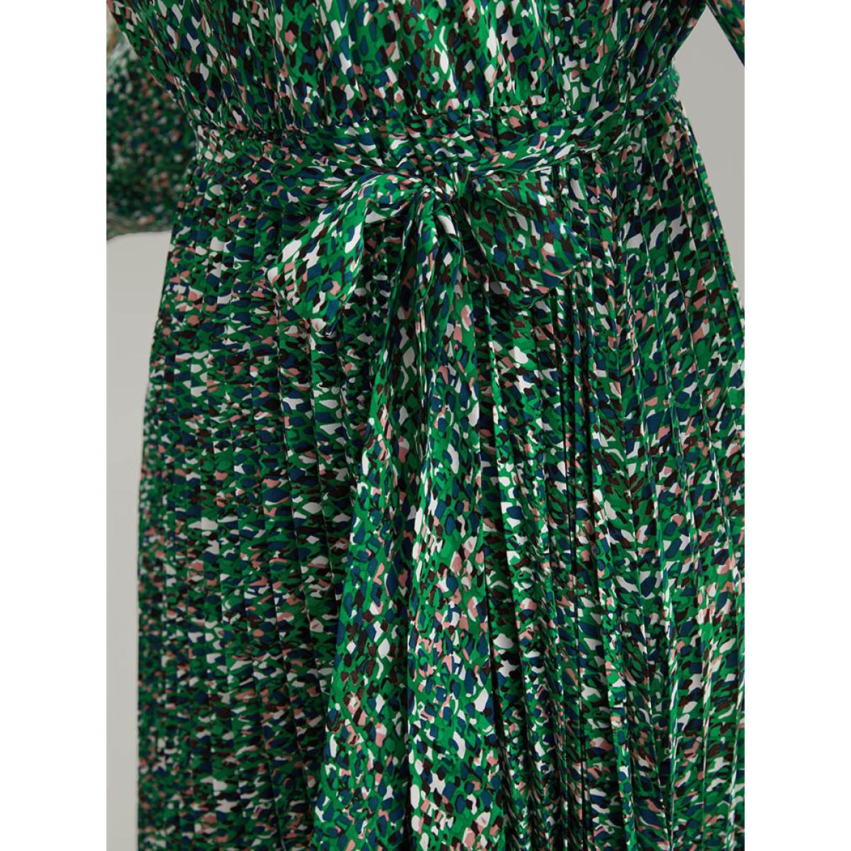 Plus Size Ditsy Floral Belted Pleated Dress Cyan Women Glamour Belted V-neck Long Sleeve Curvy Midi Dress BloomChic 22-24/3X Product Image