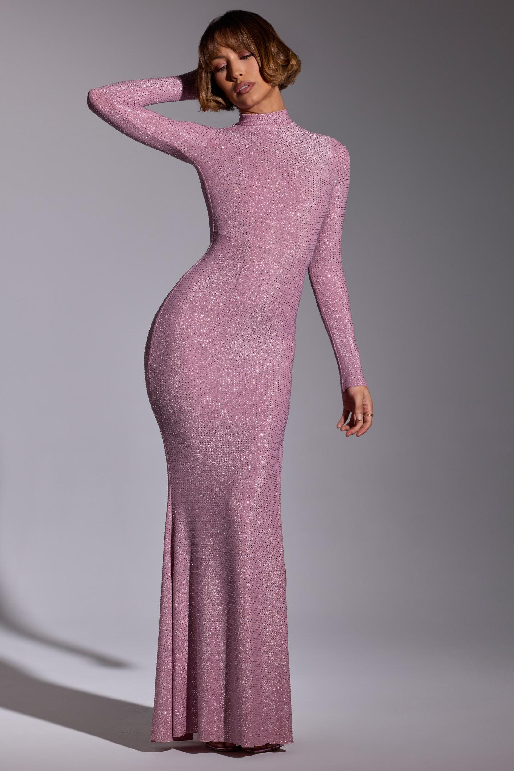 Embellished Long Sleeve Evening Gown in Light Pink Product Image