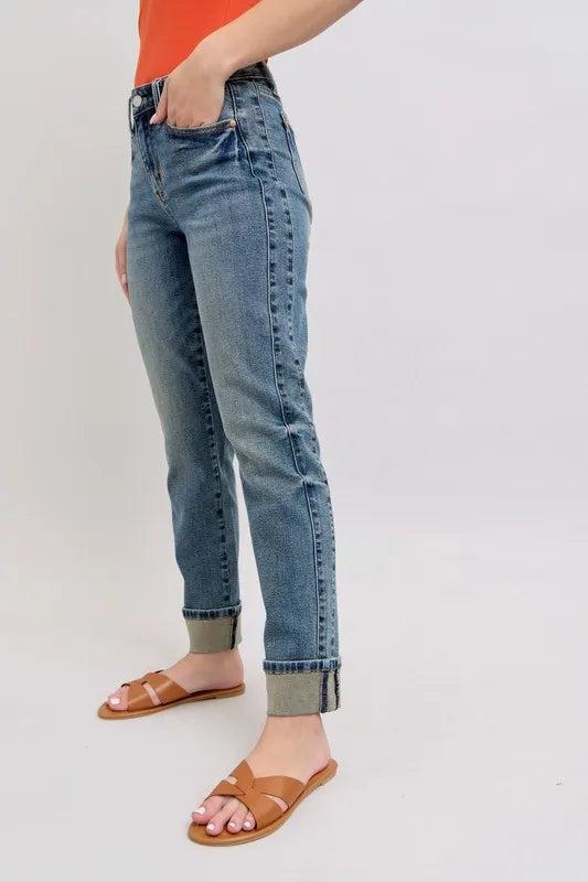 88946   Alina Mid-Rise Vintage Wash Double Roll Cuff Boyfriend Judy Blue Jeans Product Image