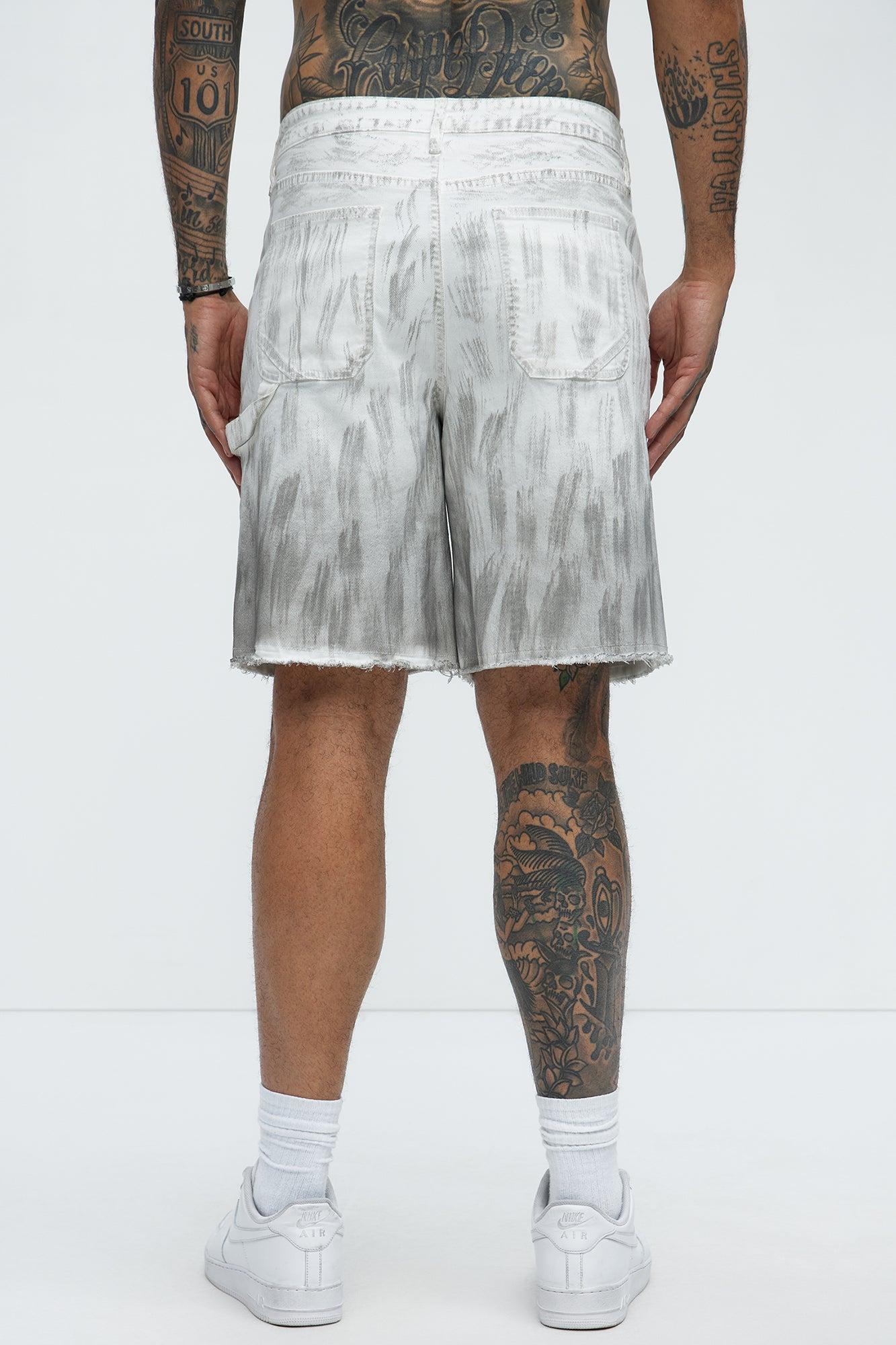 Brush Stained Relaxed Denim Carpenter Shorts - Grey Product Image