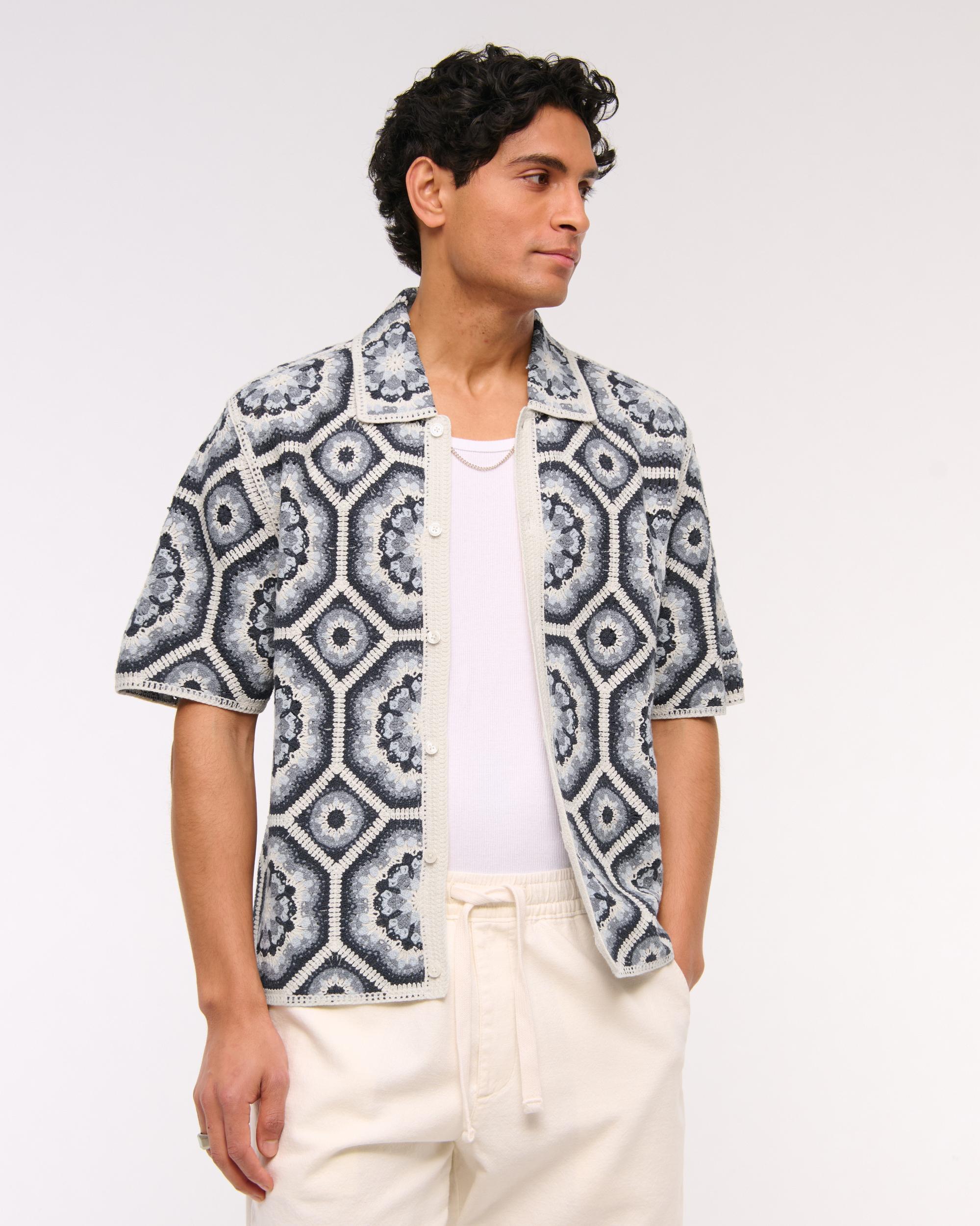 Crochet-Style Border Stripe Button-Through Sweater Polo Product Image