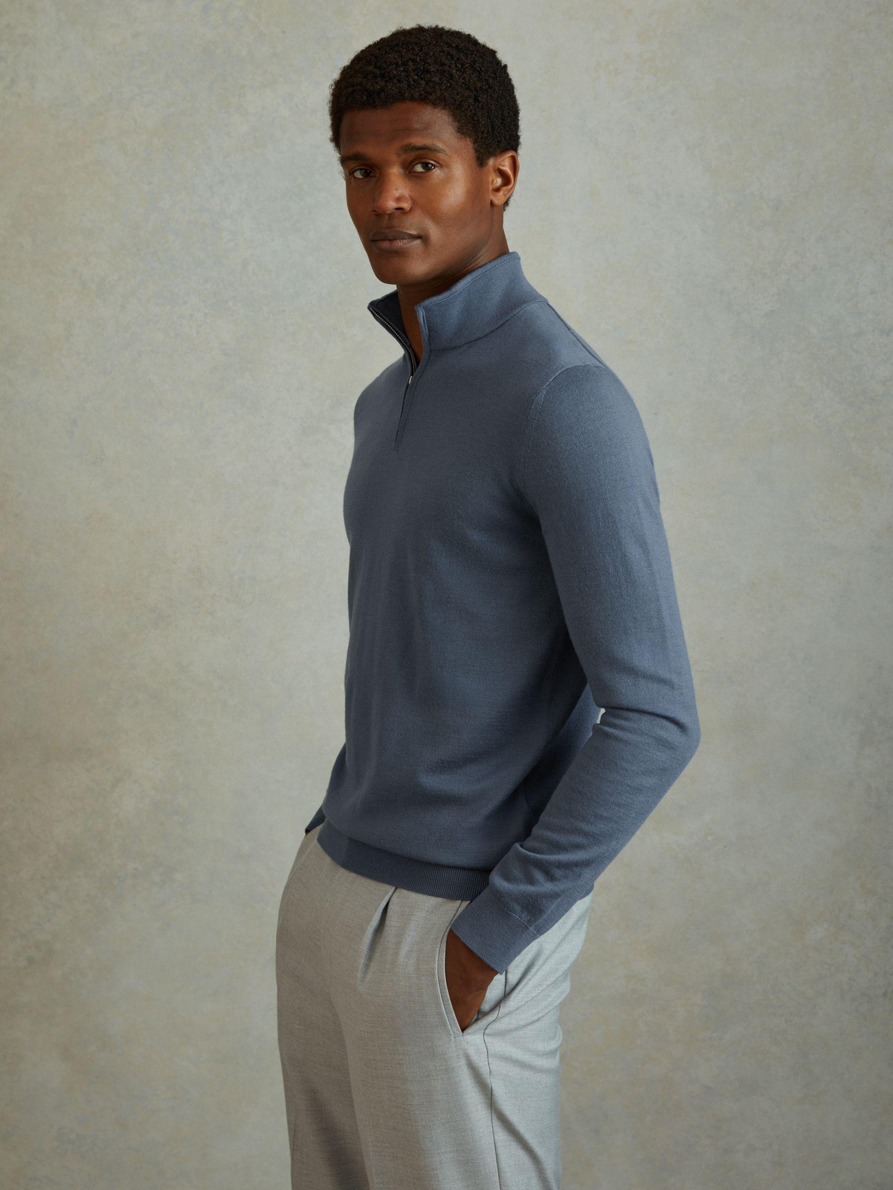 Merino Wool Half-Zip Polo Shirt in Airforce Blue Product Image