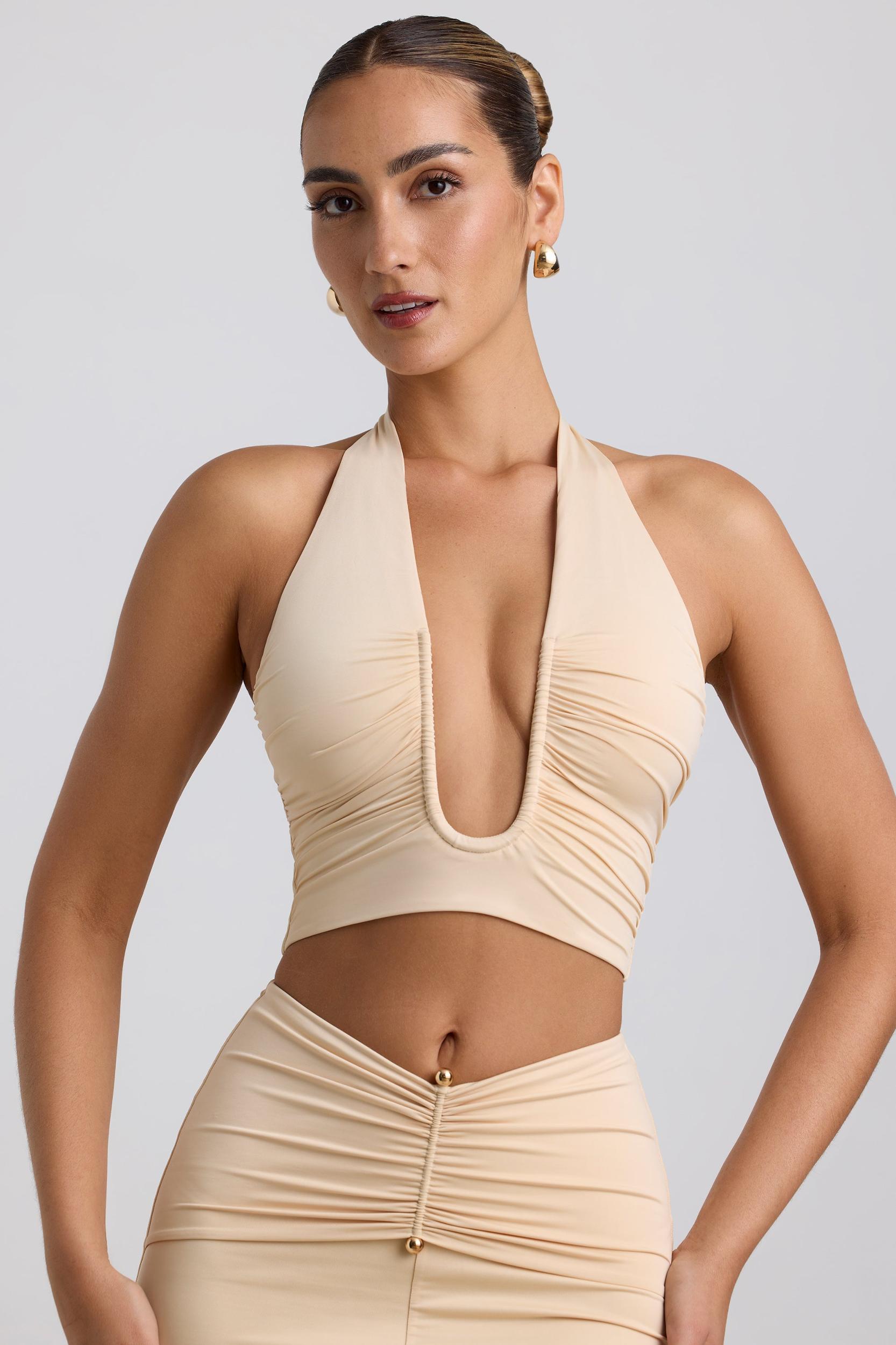 Slinky Jersey Ruched Halterneck Top in Buttercream Product Image