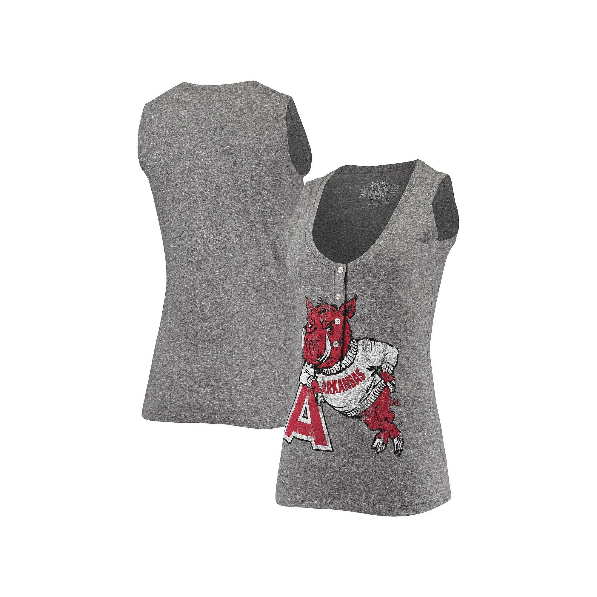 Women's Original Retro Brand Heathered Gray Arkansas Razorbacks Relaxed Henley Tri-Blend V-Neck Logo Tank Top,  Product Image