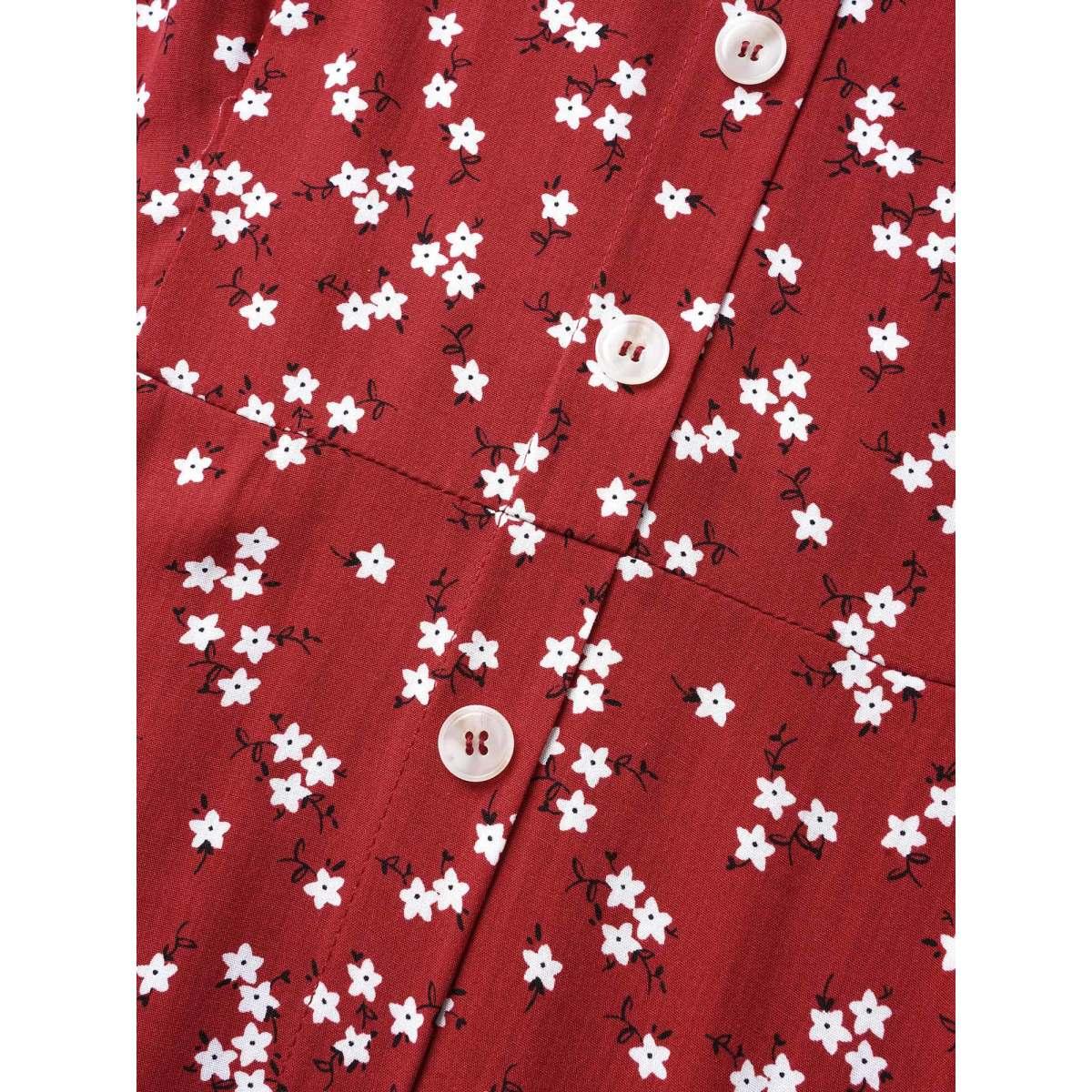 Plus Size Ditsy Floral Button Detail Elastic Waist Midi Dress Crimson Women Timeless Gathered V-neck Short sleeve Curvy BloomChic 22-24/3X Product Image