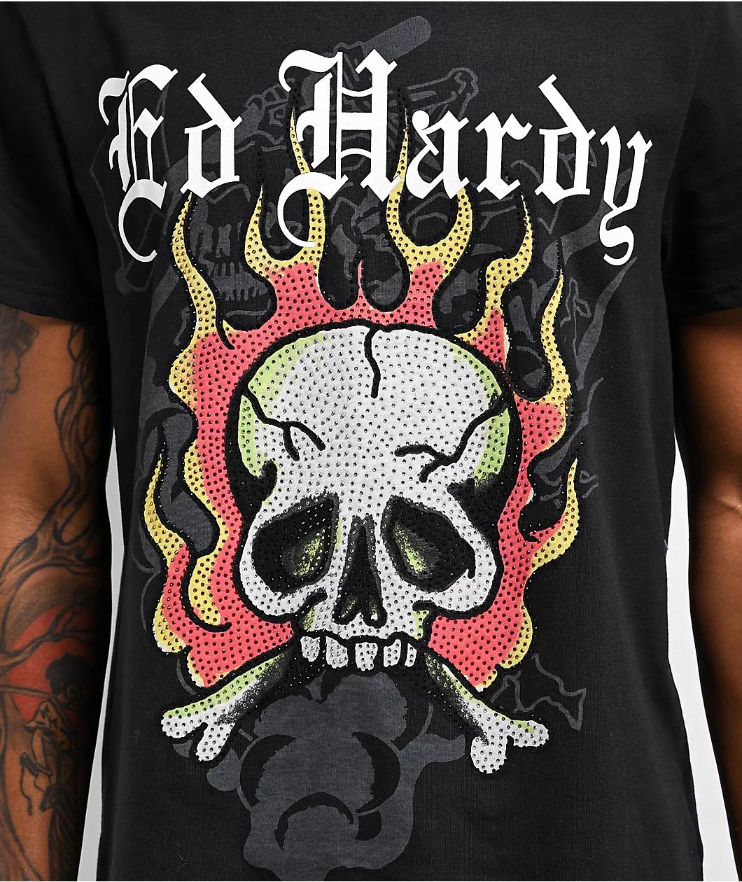 Ed Hardy Flame Skull Rhinestone Black T-Shirt Product Image