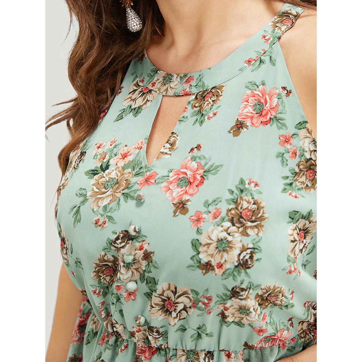 Plus Size Floral Pocket Ruffle Tiered Keyhole Knotted Halter Dress Mint Women Elegant Lined Halter neck Sleeveless Curvy Knee Dress BloomChic 14-16/1X Product Image