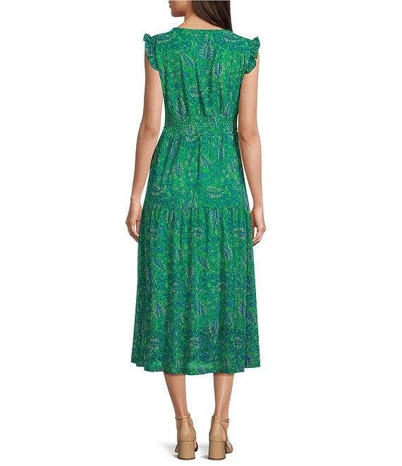 Calessa Mesh Knit Vintage Leaf Print Plunge V-Neck Cap Sleeve Fit & Flare Midi Dress Product Image