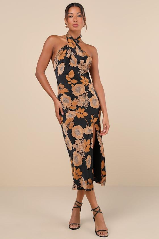 Beyond Classy Black Floral Satin Halter Midi Dress Product Image