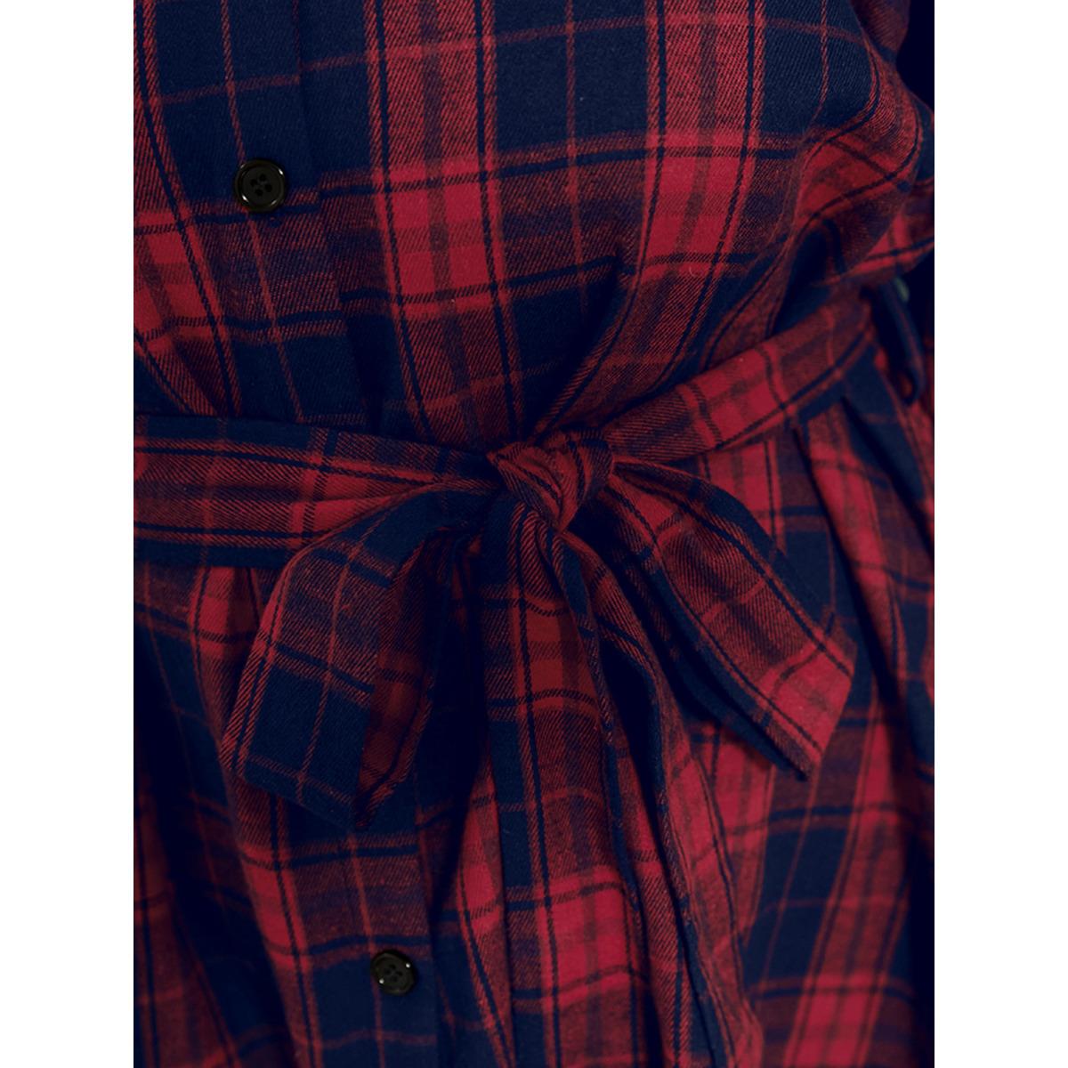 Plus Size Red Plaid Button Up Asymmetrical Hem Belted Blouse Women Elegant Long Sleeve V-neck Dailywear Blouses BloomChic 18-20/2X Product Image